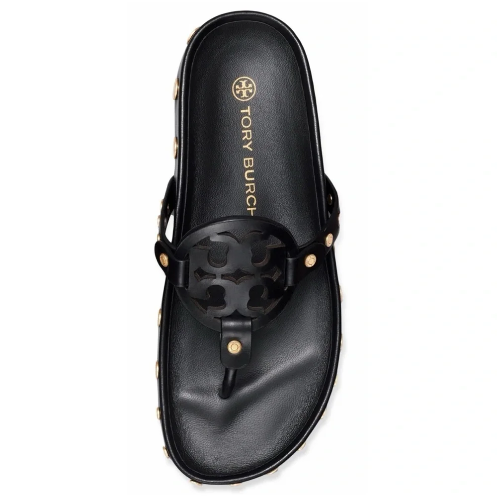 🔥🔥NWT Authentic Tory Burch Miller Cloud  Gold Coin Thong Sandals Black  11 M